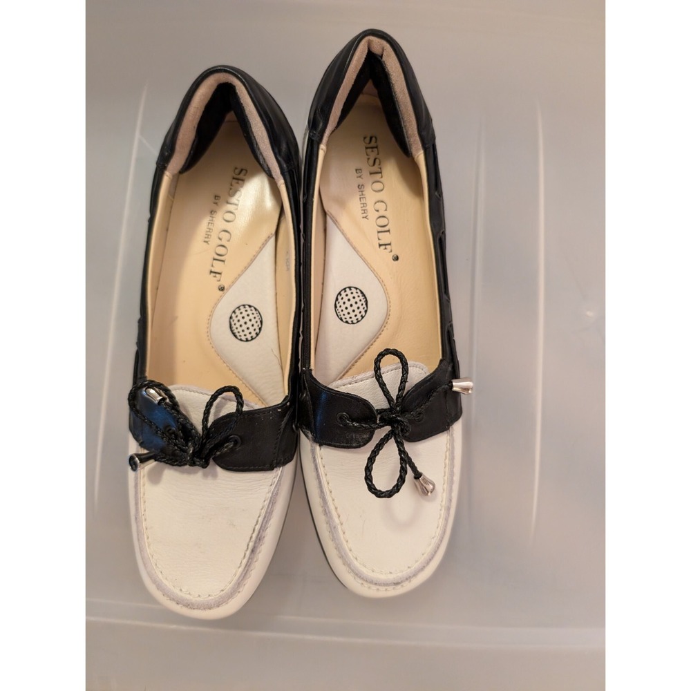 Sesto Golf by Sherry Spikeless Italian Leather White & Black Loafers Size 6M